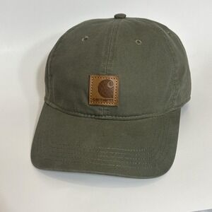 Carhartt Hat Cap Strap Back Green Canvas Leather Patch Outdoor Mens One Size